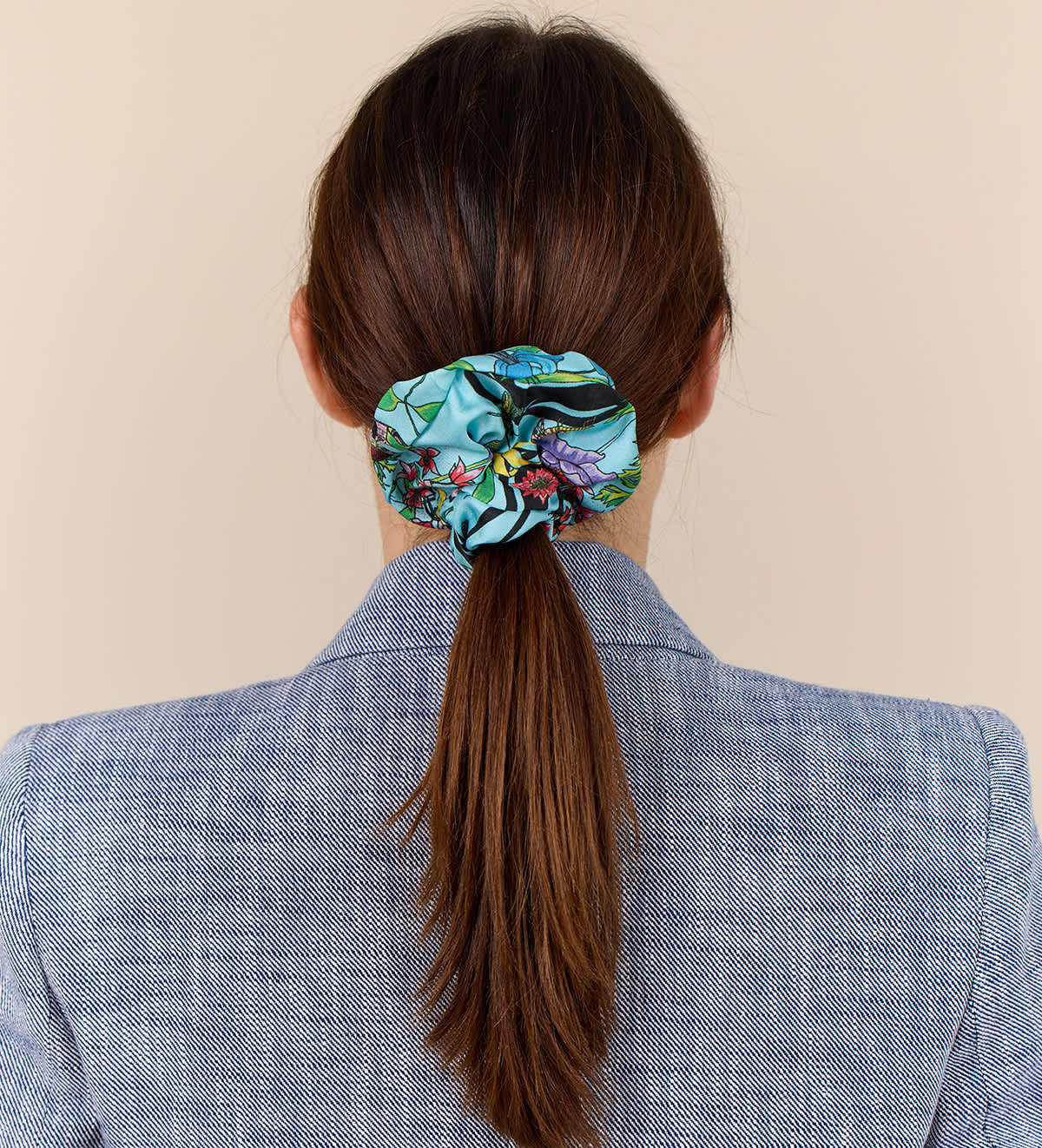 Living Garden Hair Scrunchie. 100% silk. Turquoise, pink, black. Bella Ballou