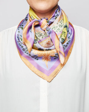 Sherbert Garden silk scarf. Large. 100% silk. Purple, yellow and pink. Flora Danica Denmark