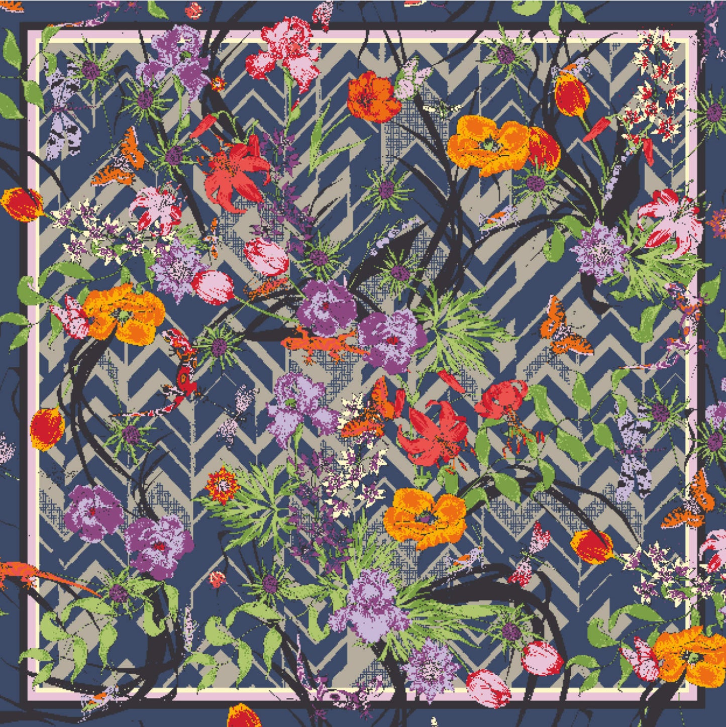 Living Garden Zigzagged tørklæde. 100% silke. Blå, sand, grøn, rød, orange. Bella Ballou