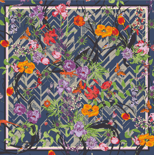 Living Garden Zigzagged tørklæde. 100% silke. Blå, sand, grøn, rød, orange. Bella Ballou