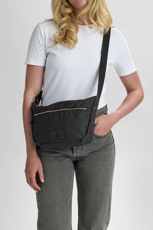 MonoMBG crossbody bag. Unisex Black w/gold. Recycled polyester. Markberg
