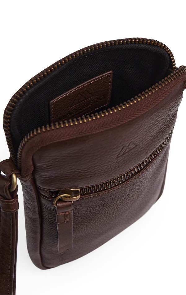 RiverMBG Mini crossbody. Unisex.Vintage. Brun og guld. Læder. Markberg