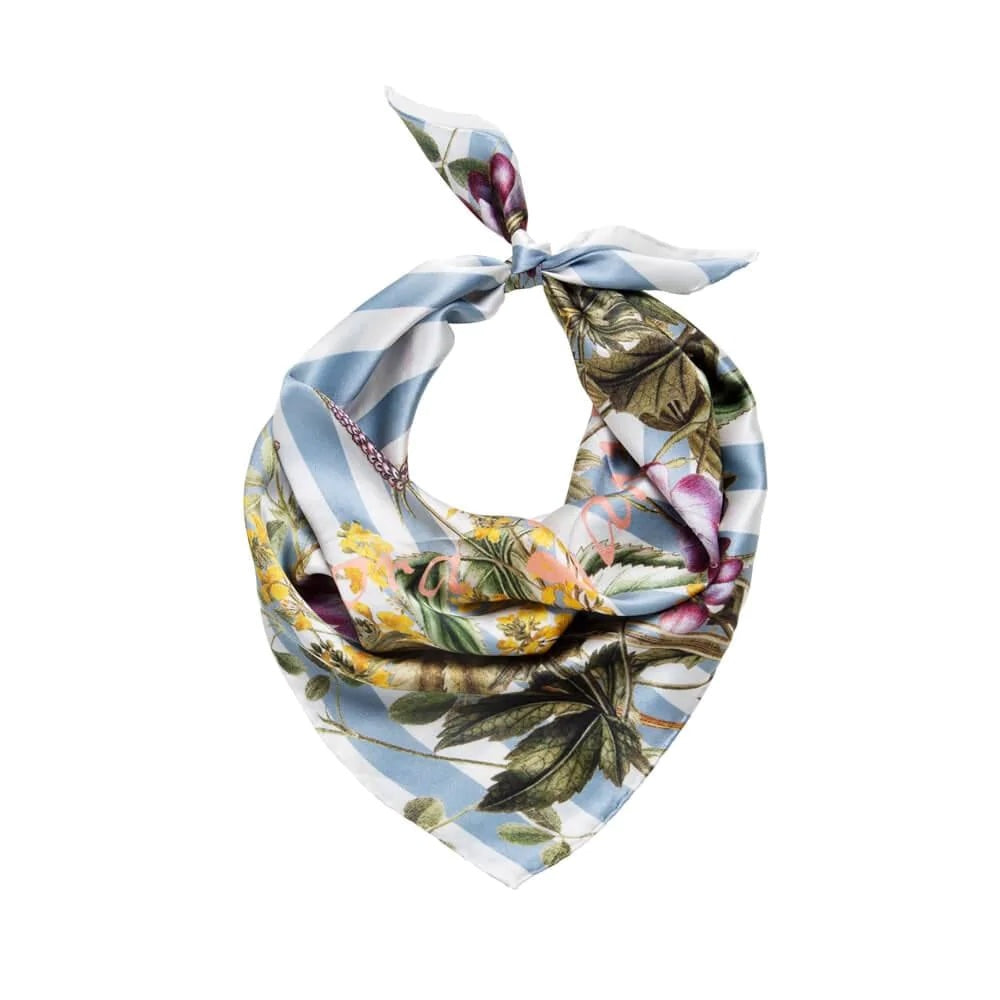 Striped Flower Meadon silk scarf. 100% silk. Blue, white and yellow. Flora Danica Denmark